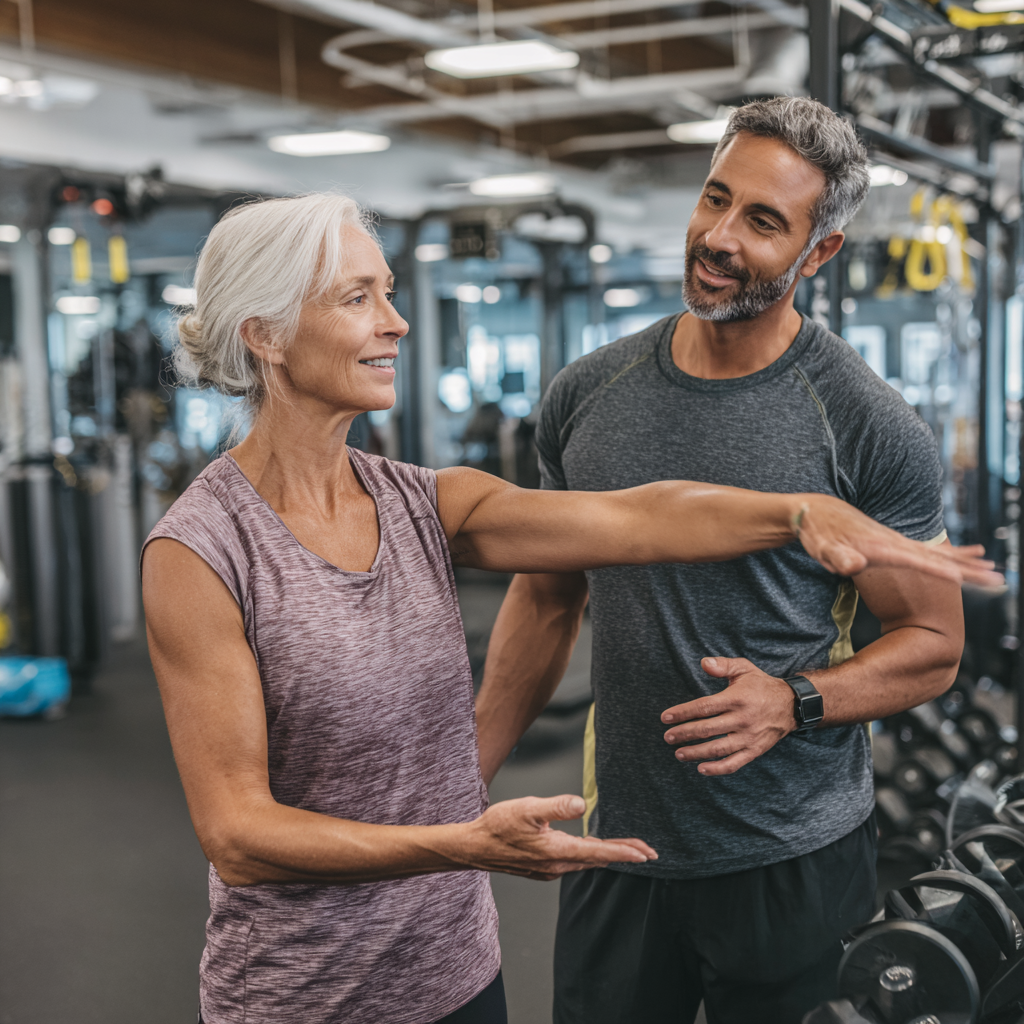 Треньор обяснява на жена на 52 години как да изпълнява упражнение правилно в добре оборудвана фитнес зала