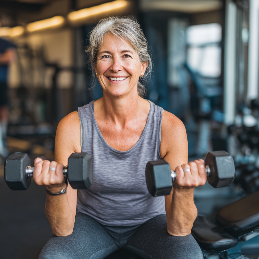 Усмихната жена на 55 години прави силова тренировка с дъмбели в модерна фитнес зала